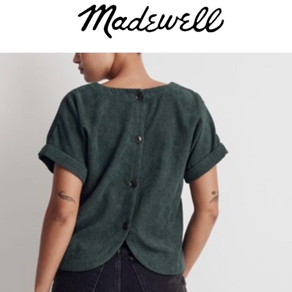 Madewell Corduroy V-Neck Top Shirt Button Down Back - Dark Green - Picture 2 of 10